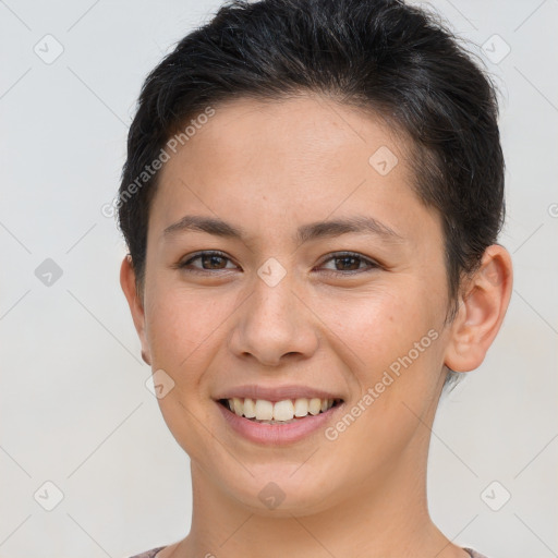 Joyful white young-adult female with short  brown hair and brown eyes