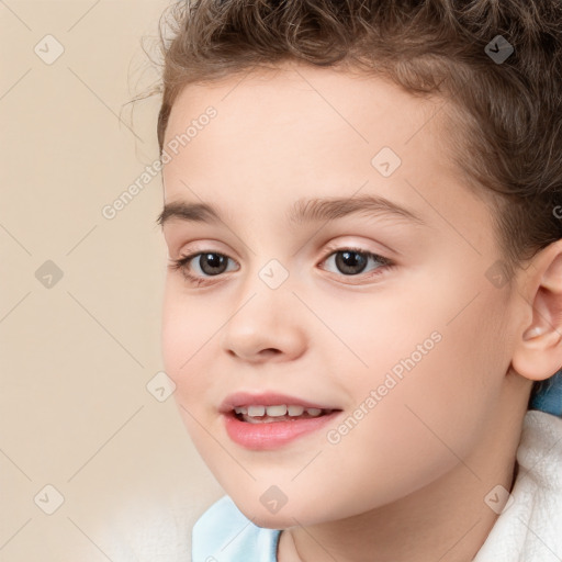 Joyful white child female with short  brown hair and brown eyes