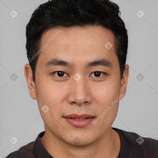 Neutral asian young-adult male with short  brown hair and brown eyes