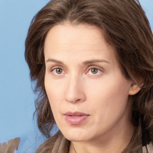 Neutral white adult female with medium  brown hair and brown eyes