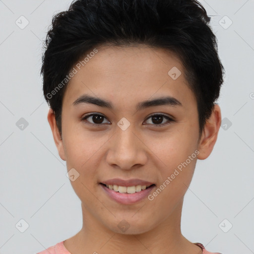 Joyful asian young-adult female with short  brown hair and brown eyes