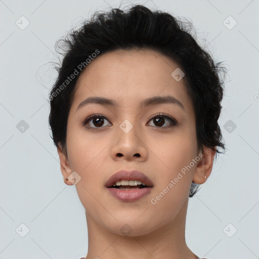 Neutral asian young-adult female with short  brown hair and brown eyes