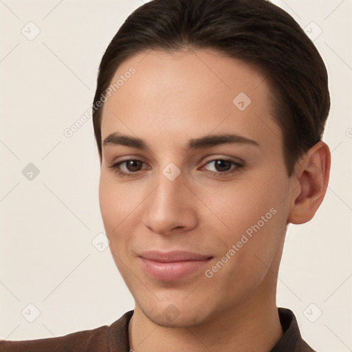 Joyful white young-adult female with short  brown hair and brown eyes