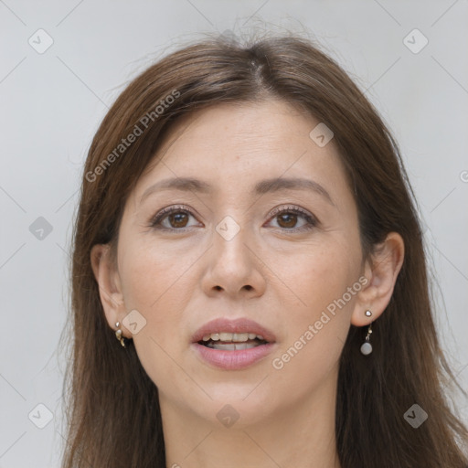 Joyful white young-adult female with long  brown hair and grey eyes