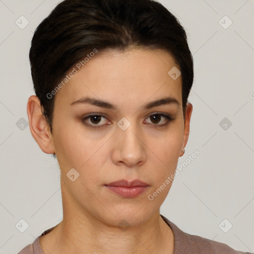 Neutral white young-adult female with short  brown hair and brown eyes