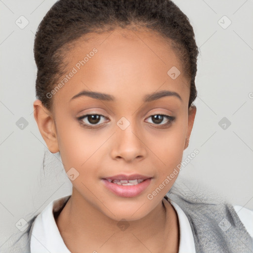 Joyful white child female with short  brown hair and brown eyes