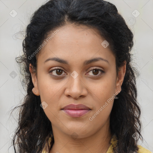 Joyful latino young-adult female with long  brown hair and brown eyes