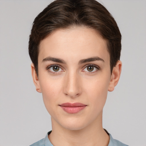 Neutral white young-adult female with short  brown hair and brown eyes