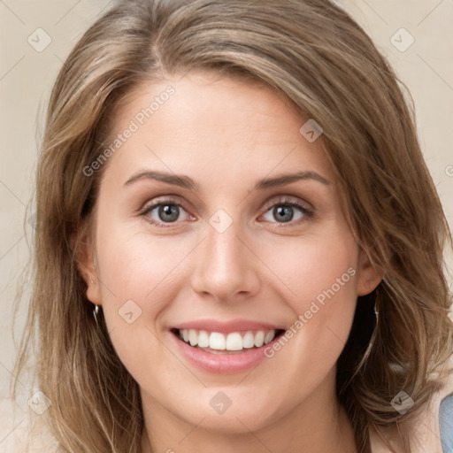 Joyful white young-adult female with medium  brown hair and green eyes