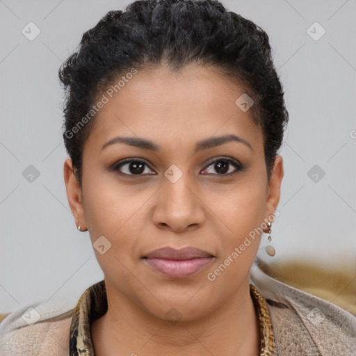 Joyful latino young-adult female with short  brown hair and brown eyes