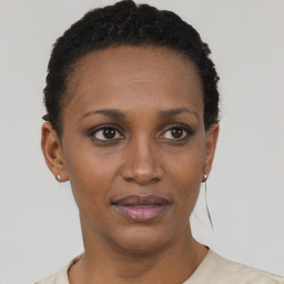 Joyful black young-adult female with short  black hair and brown eyes