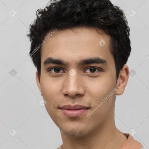 Neutral white young-adult male with short  black hair and brown eyes