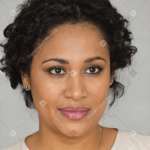 Joyful black young-adult female with medium  brown hair and brown eyes