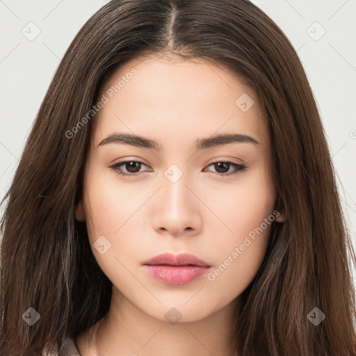 Neutral white young-adult female with long  brown hair and brown eyes