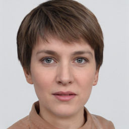 Neutral white young-adult female with short  brown hair and grey eyes