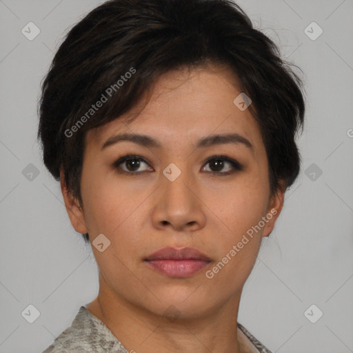 Neutral asian young-adult female with short  brown hair and brown eyes