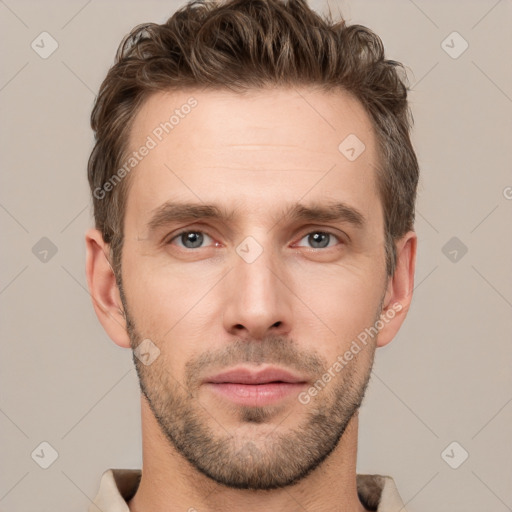 Neutral white young-adult male with short  brown hair and grey eyes