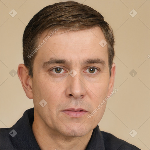 Neutral white adult male with short  brown hair and brown eyes