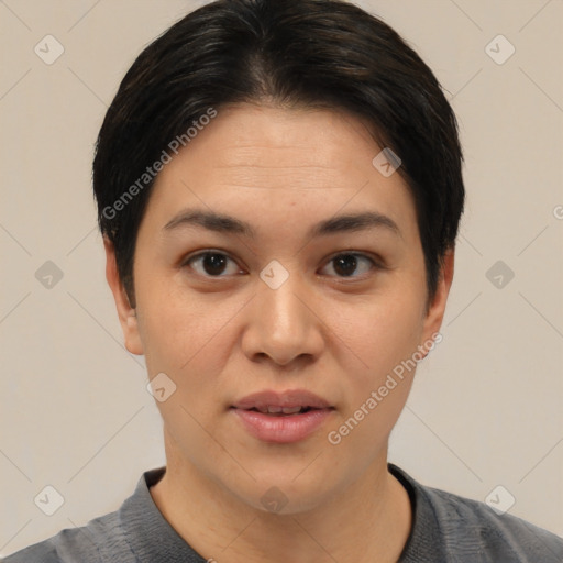 Joyful white young-adult female with short  black hair and brown eyes