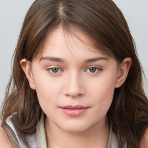 Neutral white young-adult female with medium  brown hair and grey eyes