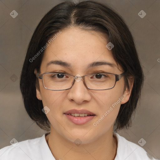 Joyful white adult female with medium  brown hair and brown eyes