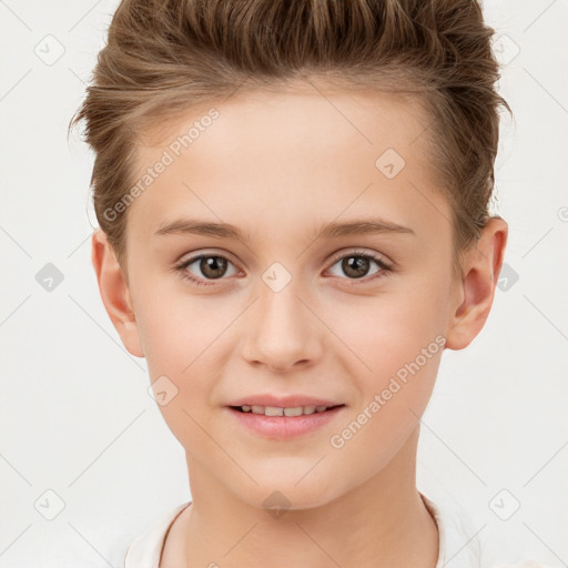 Joyful white child female with short  brown hair and brown eyes