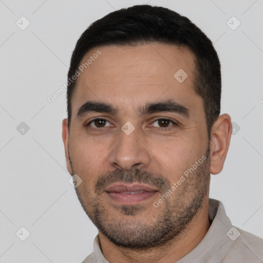 Neutral white young-adult male with short  black hair and brown eyes