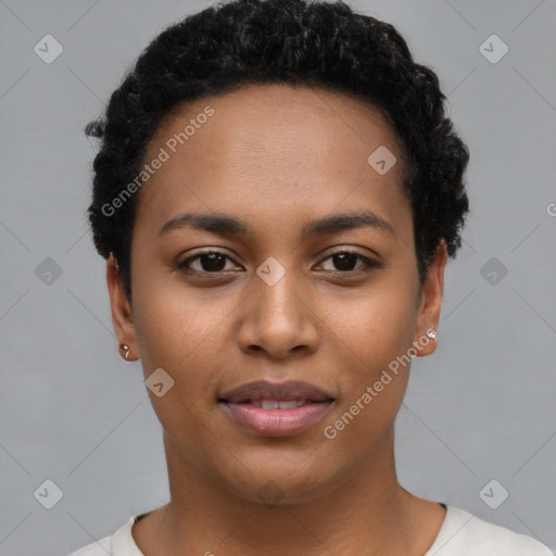 Joyful latino young-adult female with short  black hair and brown eyes