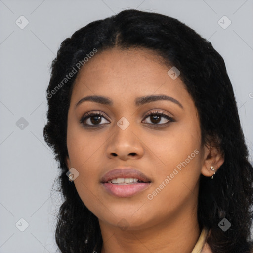 Joyful latino young-adult female with long  black hair and brown eyes