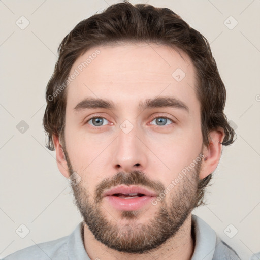 Neutral white young-adult male with short  brown hair and grey eyes