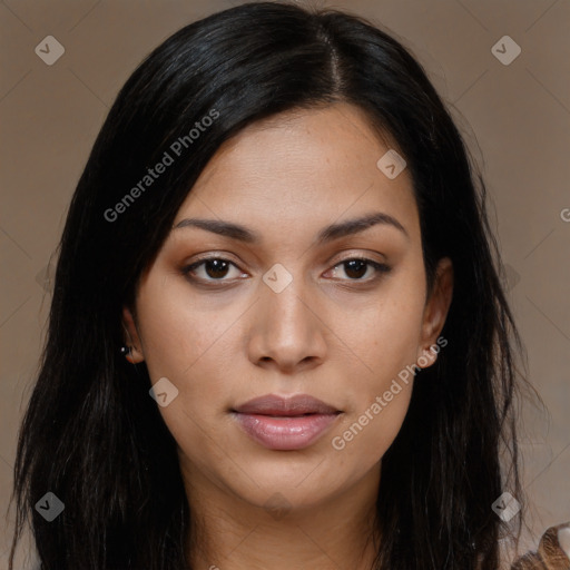 Joyful asian young-adult female with long  brown hair and brown eyes