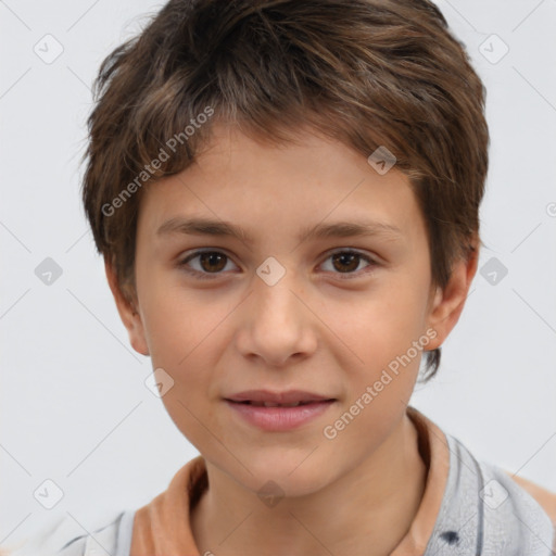 Joyful white child female with short  brown hair and brown eyes