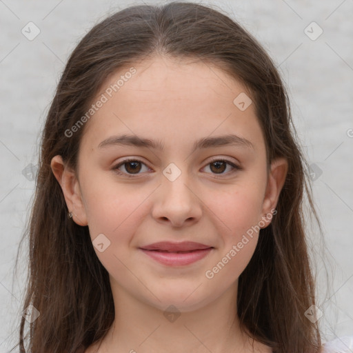 Joyful white child female with medium  brown hair and brown eyes