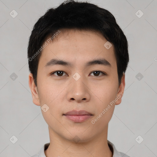 Neutral asian young-adult male with short  black hair and brown eyes