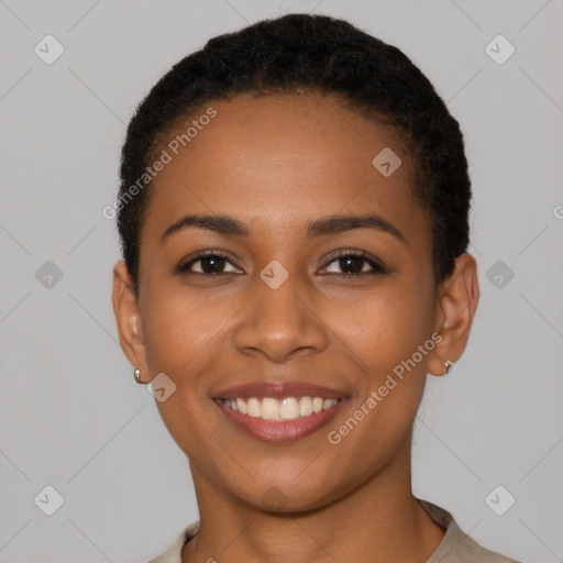 Joyful latino young-adult female with short  brown hair and brown eyes