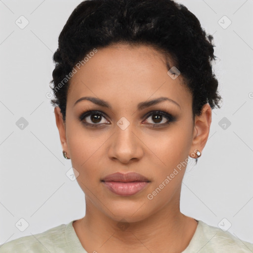 Joyful latino young-adult female with short  black hair and brown eyes