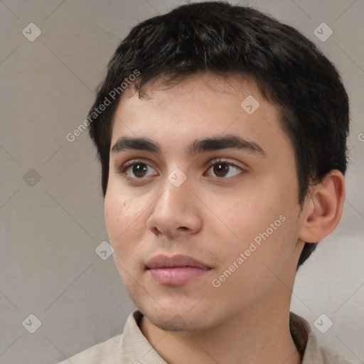 Neutral white young-adult male with short  brown hair and brown eyes