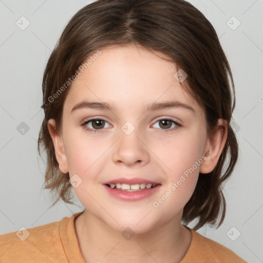 Joyful white child female with medium  brown hair and brown eyes