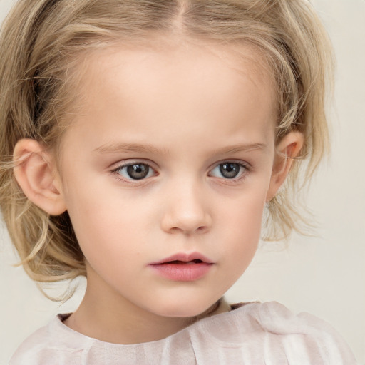 Neutral white child female with medium  brown hair and grey eyes