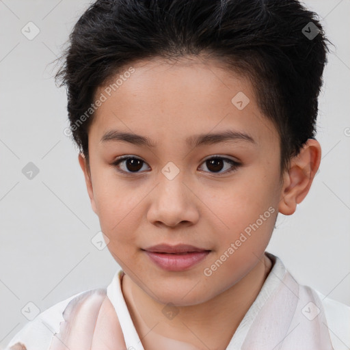 Joyful white child female with short  brown hair and brown eyes