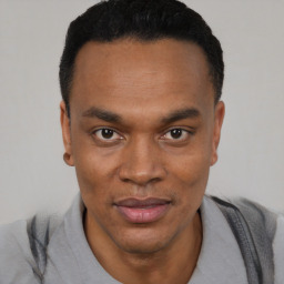 Joyful black young-adult male with short  black hair and brown eyes