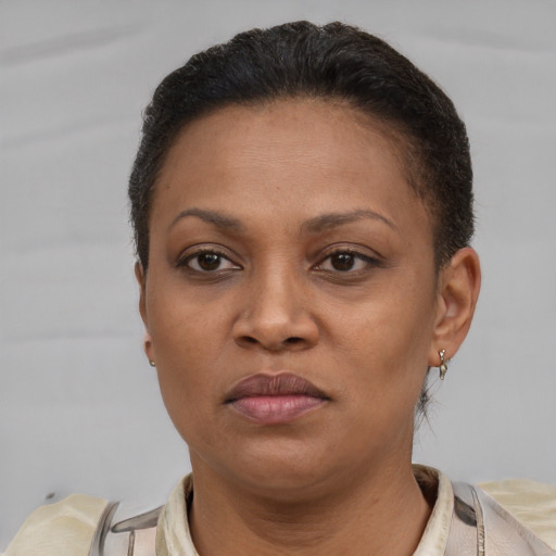 Neutral black adult female with short  brown hair and brown eyes