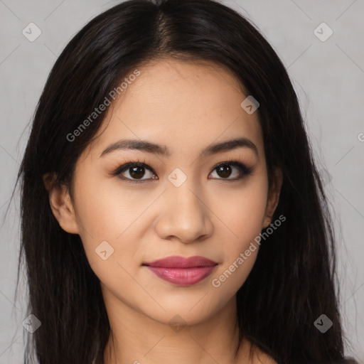 Joyful latino young-adult female with long  brown hair and brown eyes