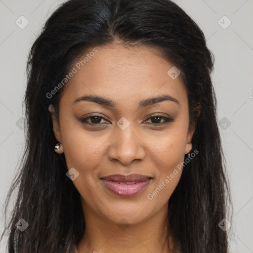 Joyful latino young-adult female with long  brown hair and brown eyes