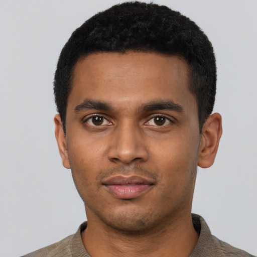 Neutral black young-adult male with short  black hair and brown eyes