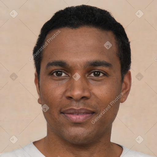 Neutral black young-adult male with short  black hair and brown eyes