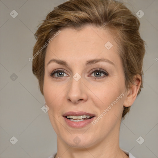 Joyful white young-adult female with medium  brown hair and green eyes