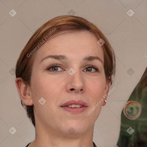 Neutral white young-adult female with short  brown hair and brown eyes