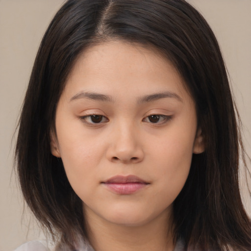 Neutral asian young-adult female with medium  brown hair and brown eyes