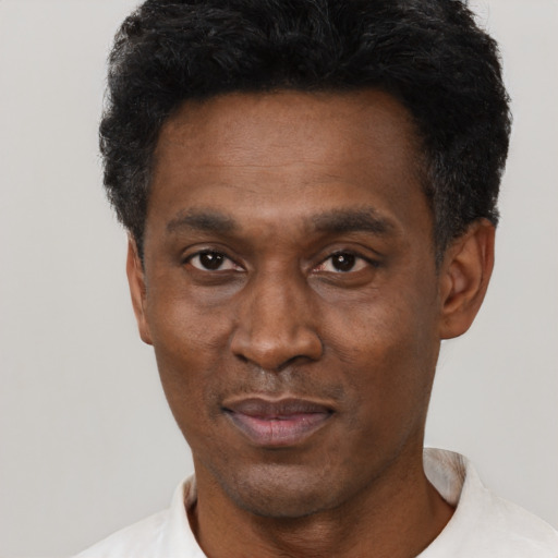 Neutral black adult male with short  black hair and brown eyes